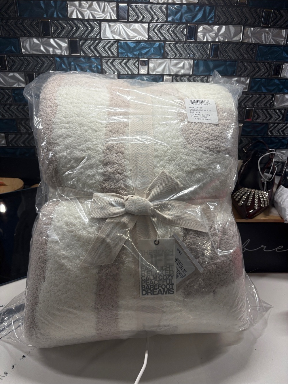 Barefoot Dreams Plush Striped Throw Blanket - Cream & Taupe